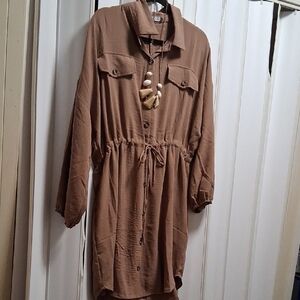 Brown Buttoned Midi Dress with Notched Collar